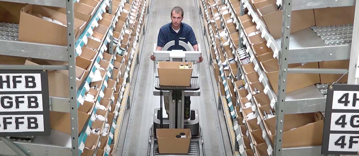 aerial lift in storage aisle
